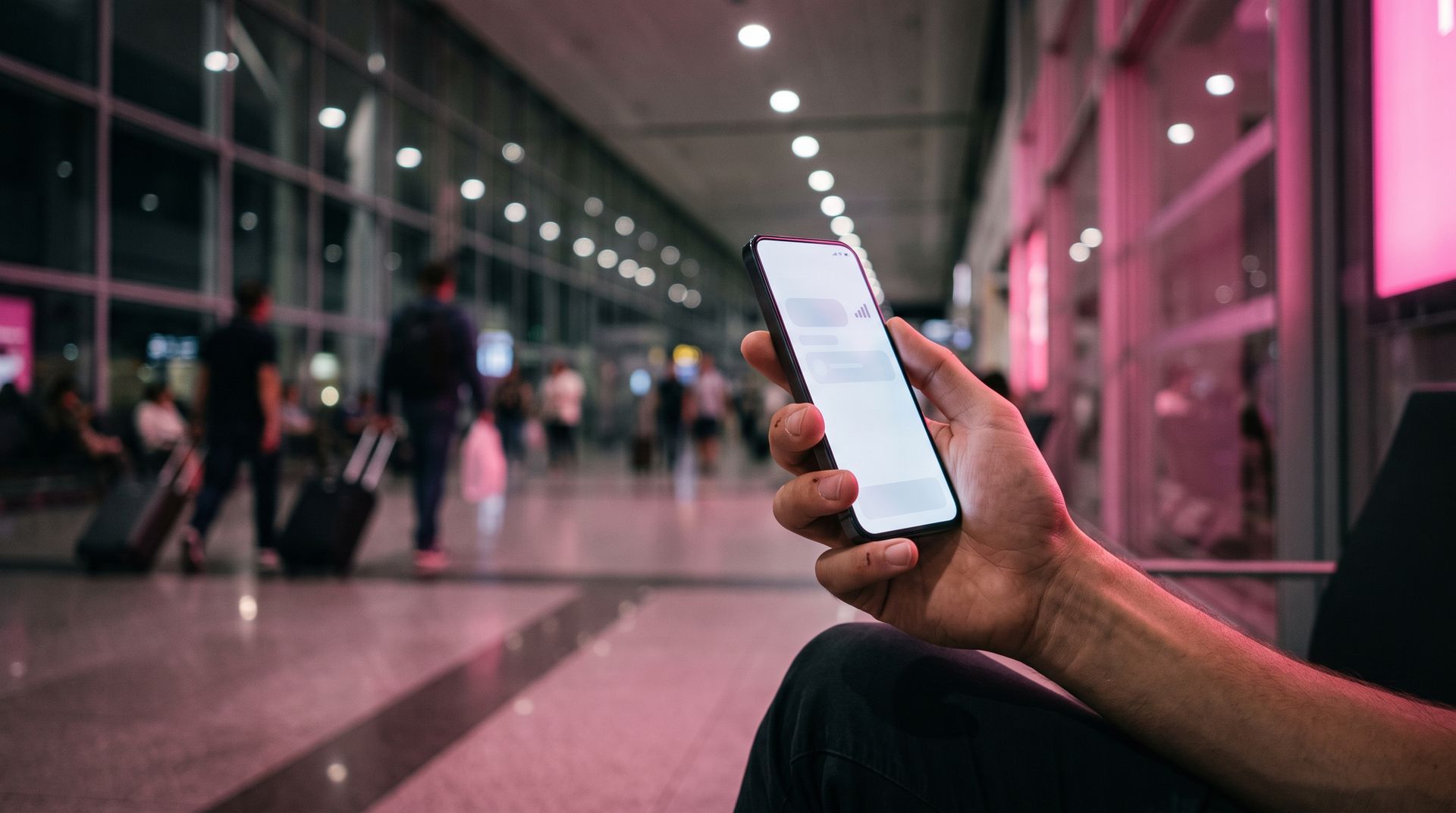 A traveller checking their phone in an airport terminal at night, lit by magenta neon
