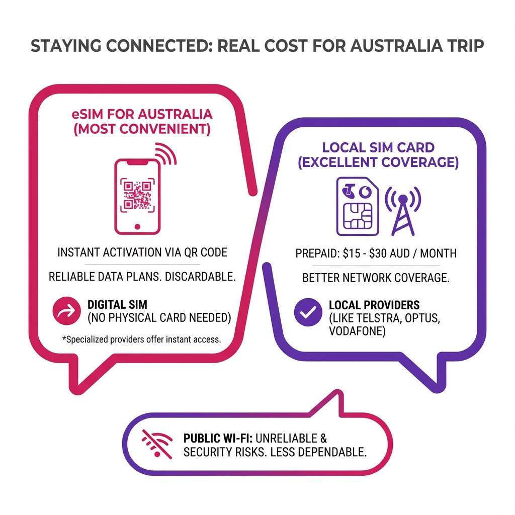 Infographic guide on staying connected in Australia using eSIMs versus local SIM cards and public Wi-Fi.
