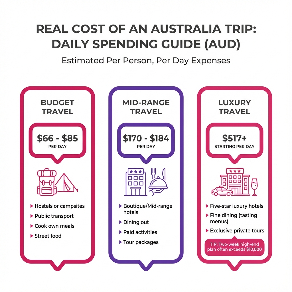Comparison table showing daily cost estimates for budget, mid-range, and luxury travel styles in Australia.
