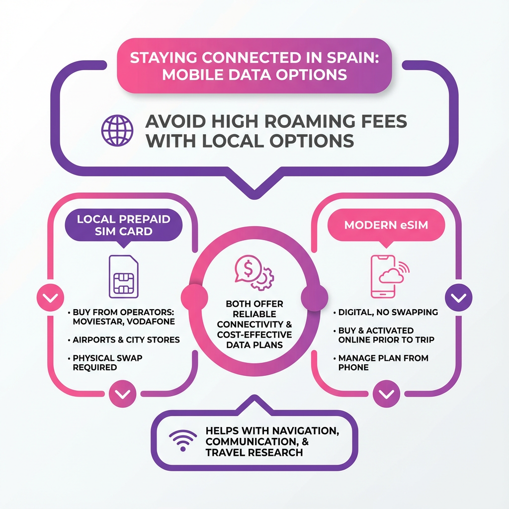 Infographic explaining mobile data options in Spain comparing local physical SIM cards with digital eSIMs for travelers