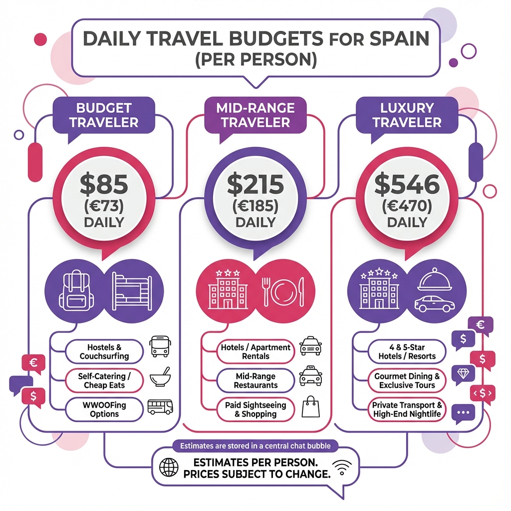 Comparison chart showing daily budget requirements and amenities for budget, mid-range, and luxury travel styles in Spain