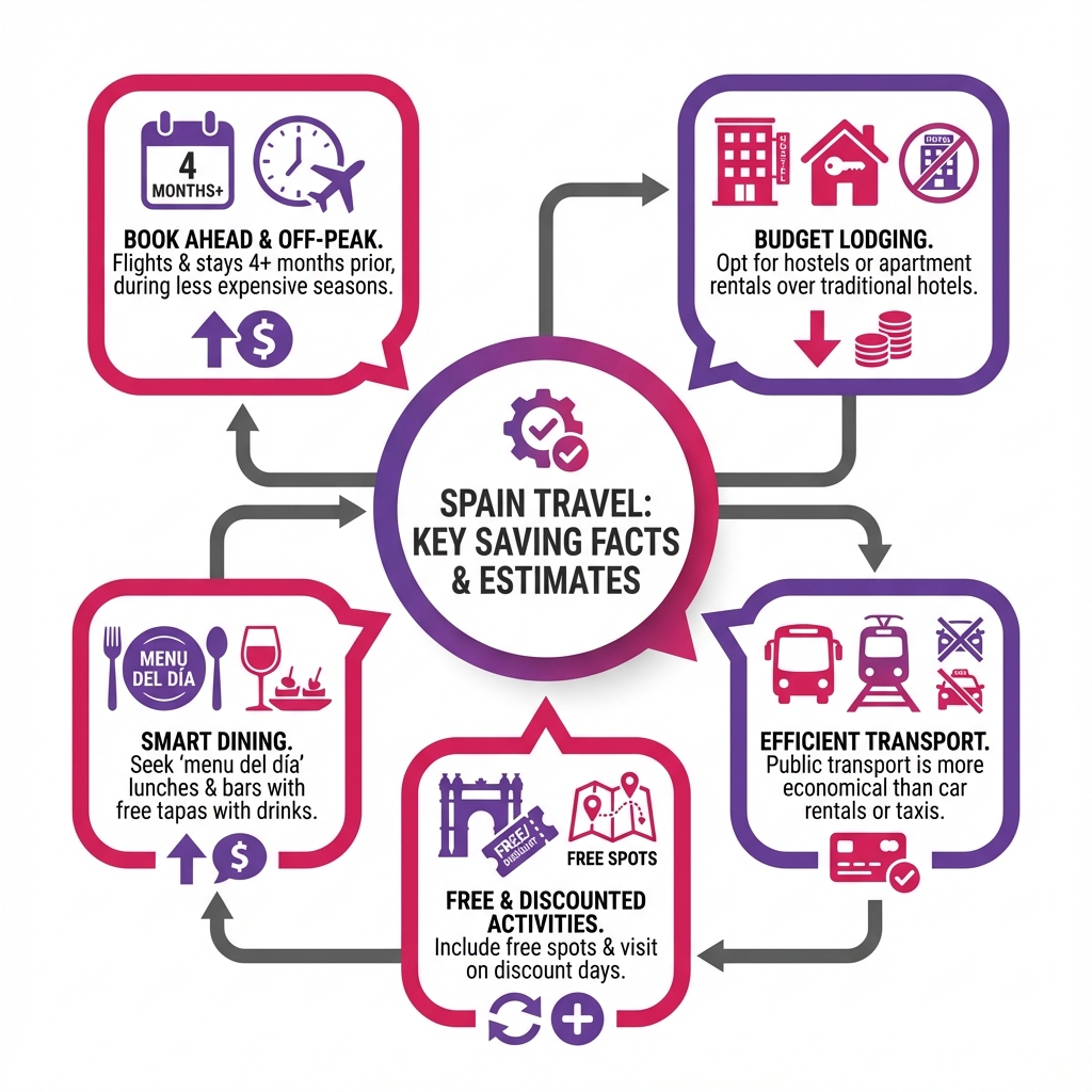 Infographic guide listing actionable money-saving tips for visiting Spain including booking advice and dining hacks