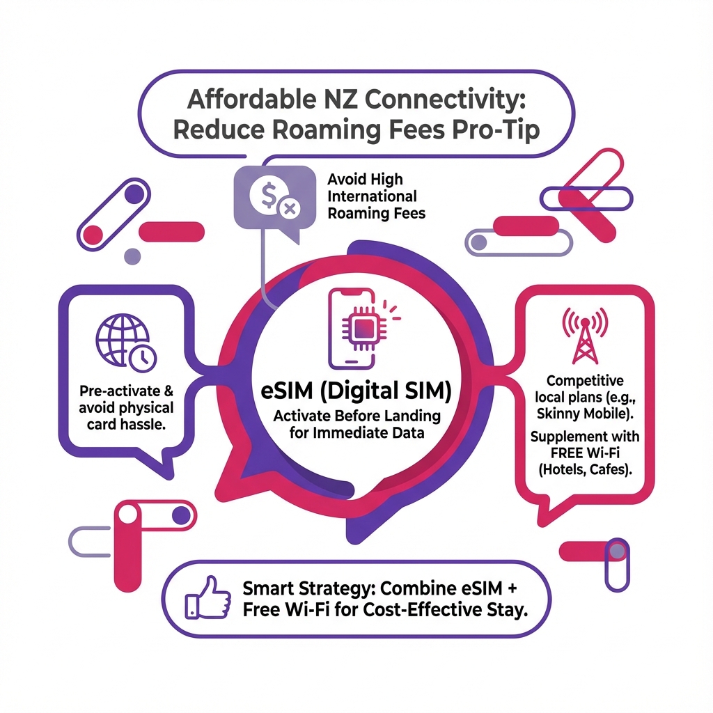 Infographic explaining the benefits of using an eSIM for mobile data and connectivity while traveling in New Zealand.