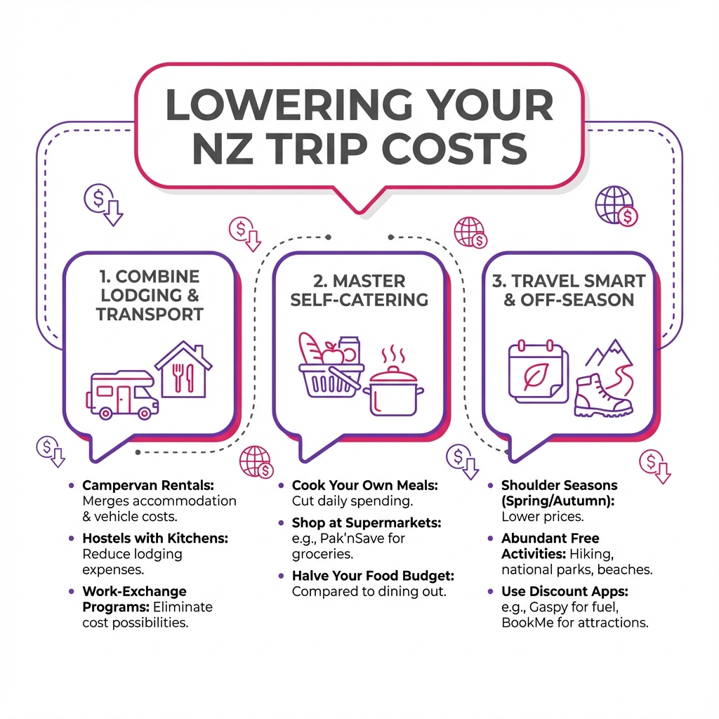 Infographic checklist detailing three key strategies to save money on transport, food, and timing for a New Zealand trip.