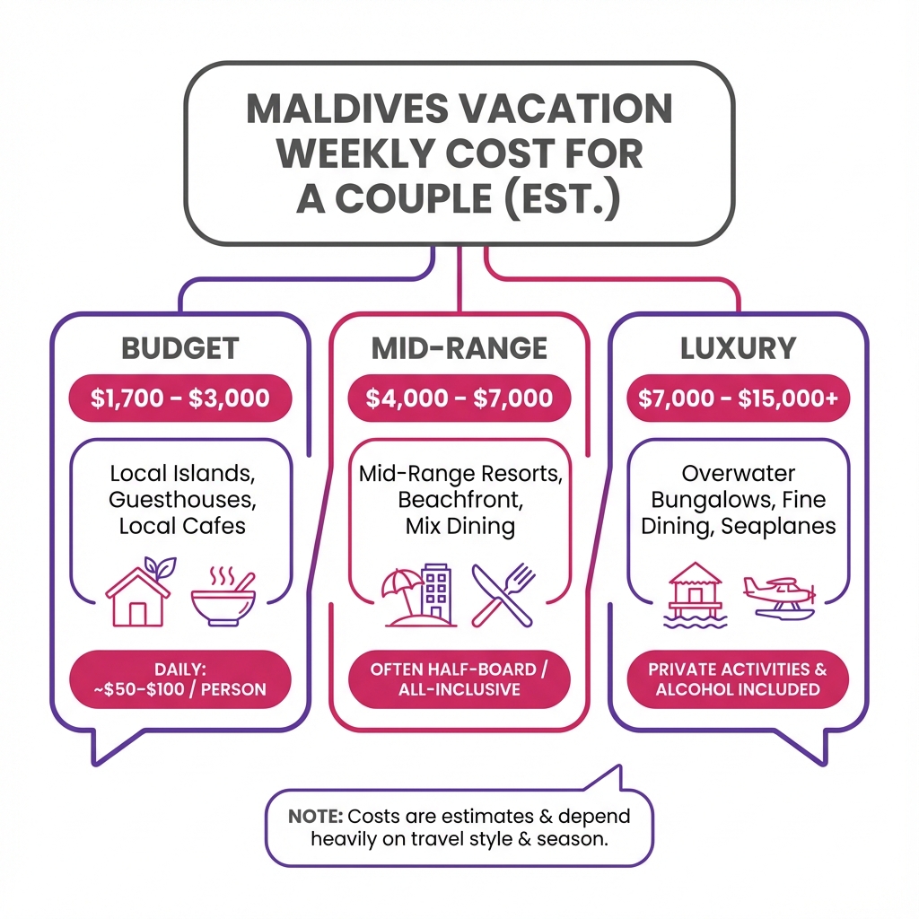 Comparison table showing estimated weekly costs and inclusions for budget, mid-range, and luxury Maldives vacations for a couple.