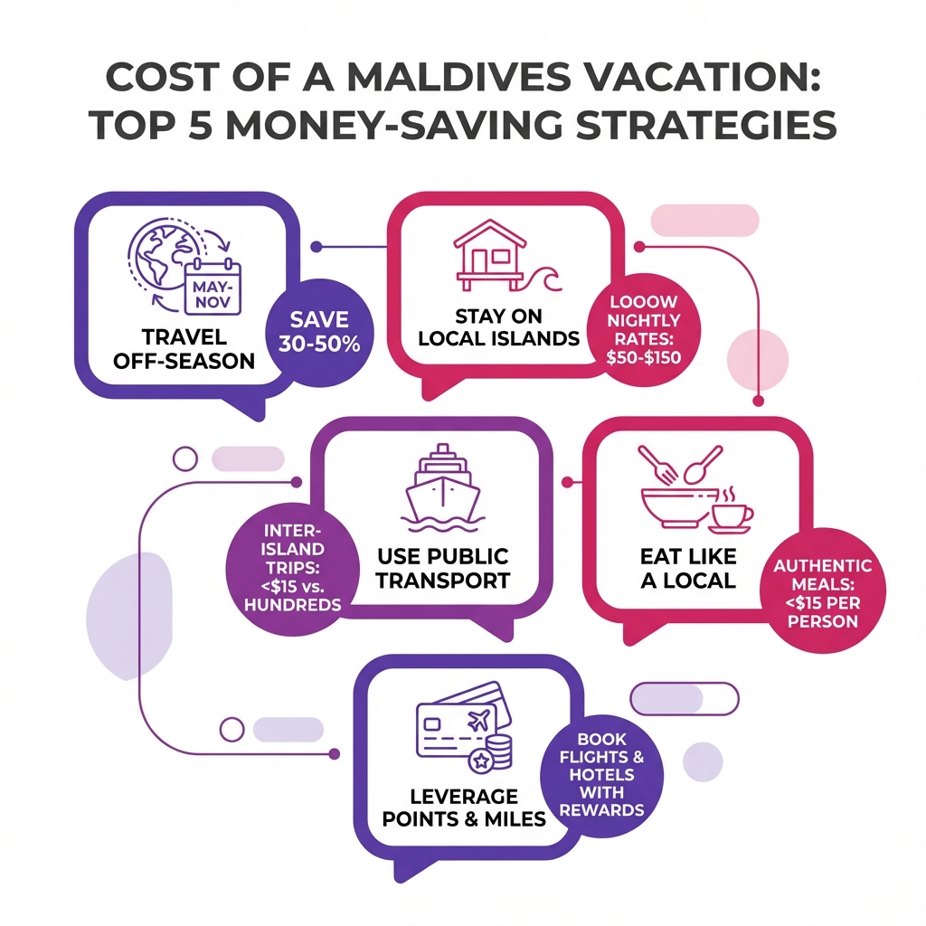Listicle infographic featuring five actionable money-saving hacks for a Maldives trip, including off-season travel and local dining tips.