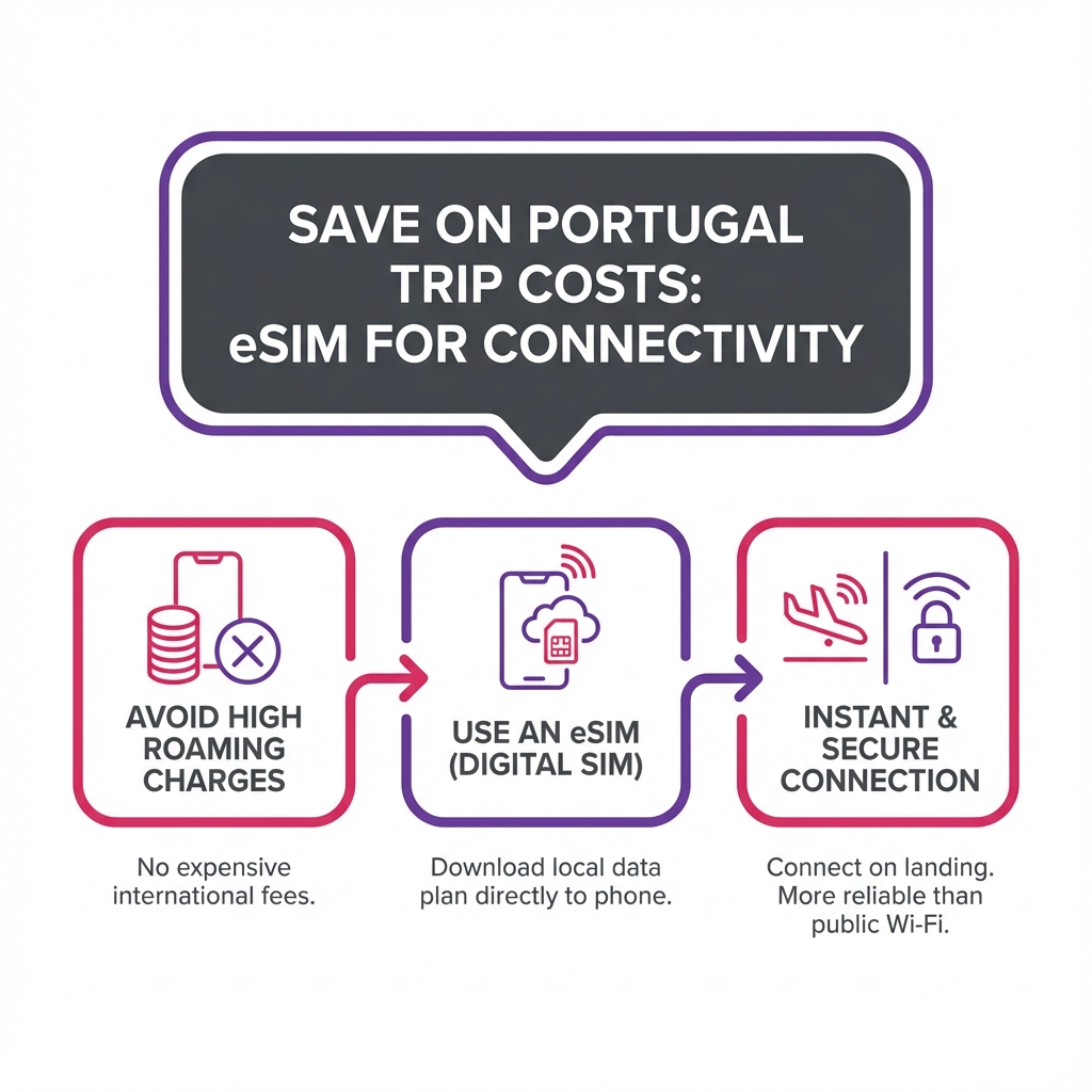 Infographic explaining how to use an eSIM in Portugal to avoid roaming charges and ensure instant connectivity.
