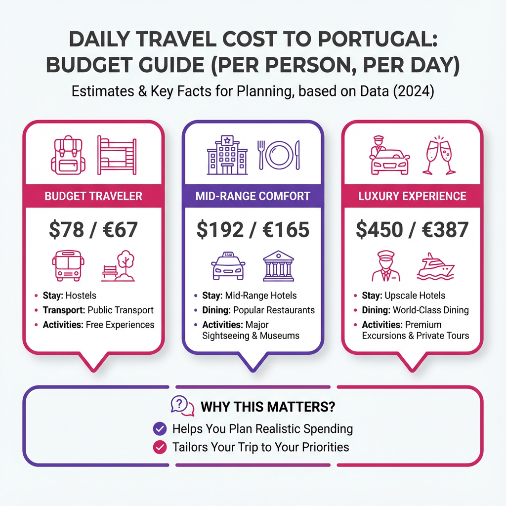 Comparison chart showing daily budget requirements for budget, mid-range, and luxury travelers in Portugal.