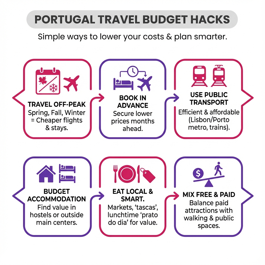 Listicle infographic featuring six actionable tips to save money on a trip to Portugal.