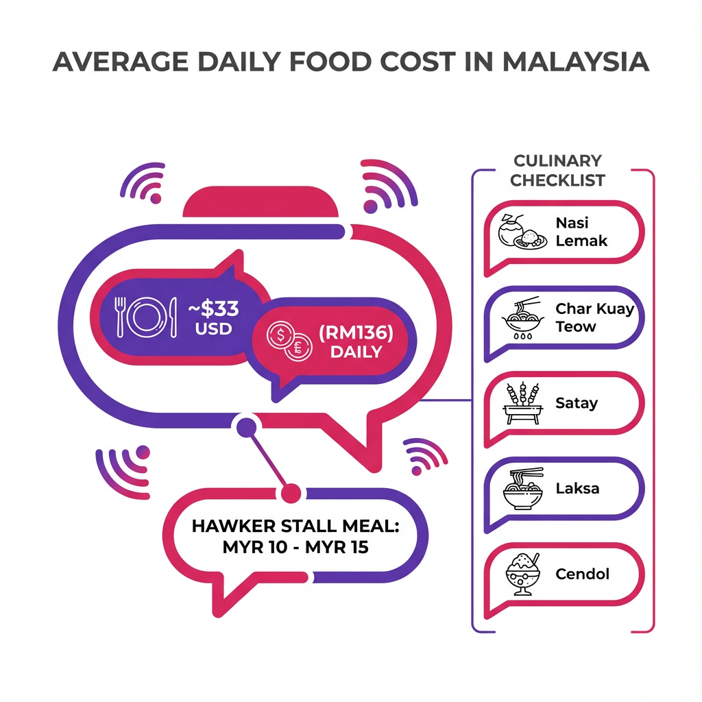 Visual checklist of must-try Malaysian street foods like Nasi Lemak and Satay with average daily food costs.