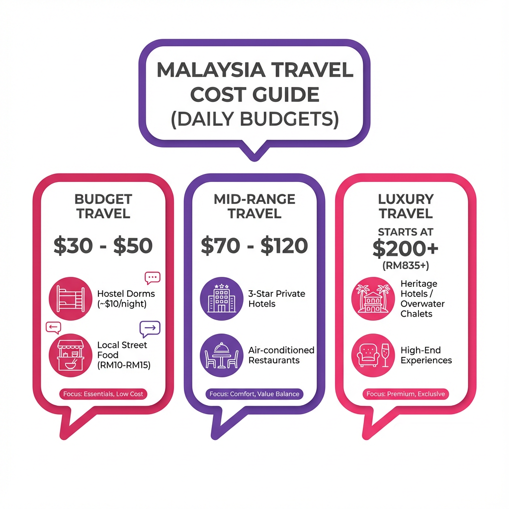 Comparison chart showing daily travel budgets for budget, mid-range, and luxury travelers in Malaysia.
