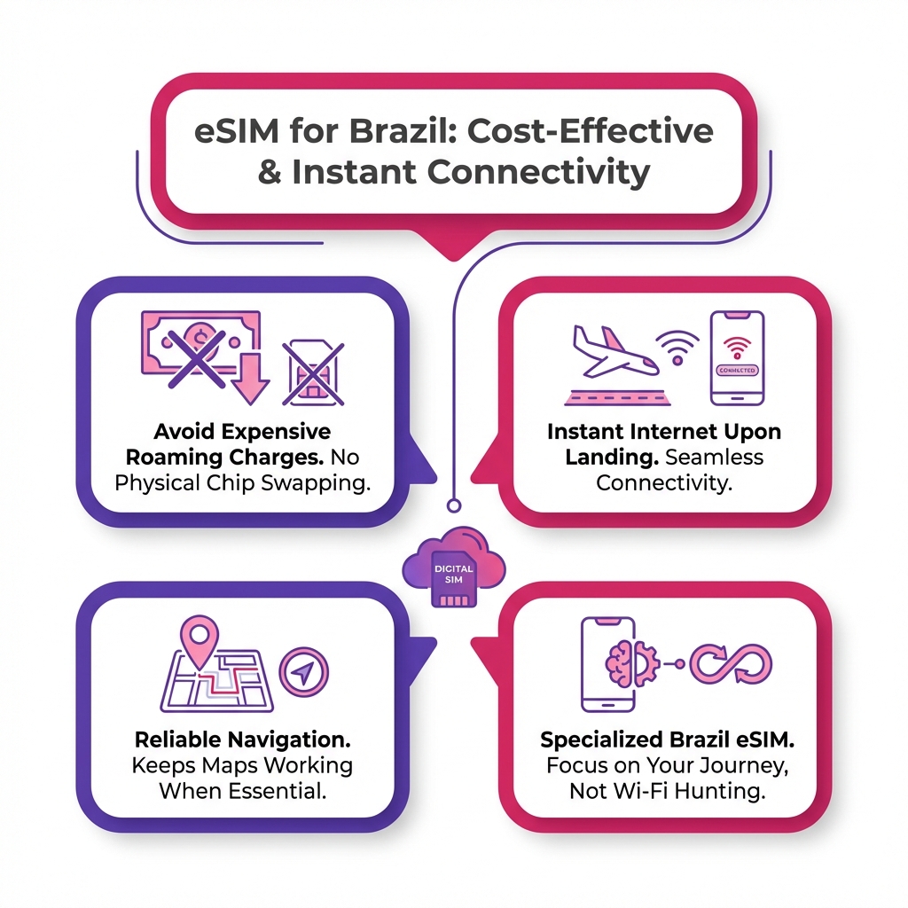 Infographic explaining the benefits of using an eSIM for internet connectivity and avoiding roaming charges while traveling in Brazil