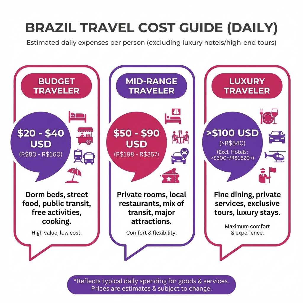 Infographic comparison table showing daily costs, accommodation, and food options for budget, mid-range, and luxury travelers in Brazil