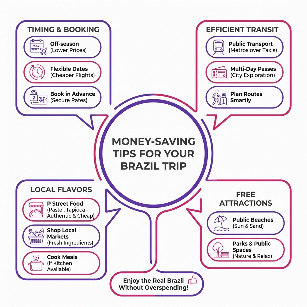 Infographic checklist of practical money-saving tips for flights, food, and transport when traveling in Brazil