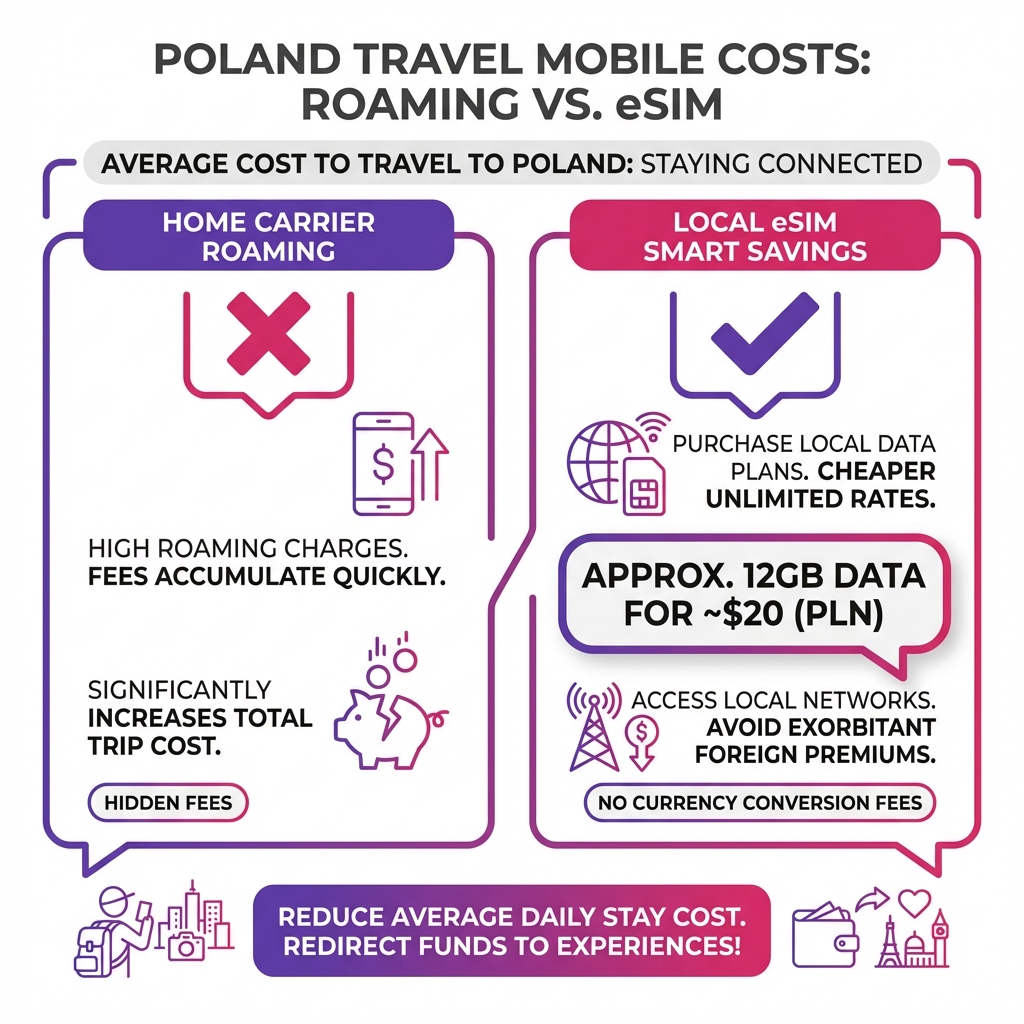 Infographic explaining how using an eSIM reduces international roaming and connectivity costs for travelers in Poland