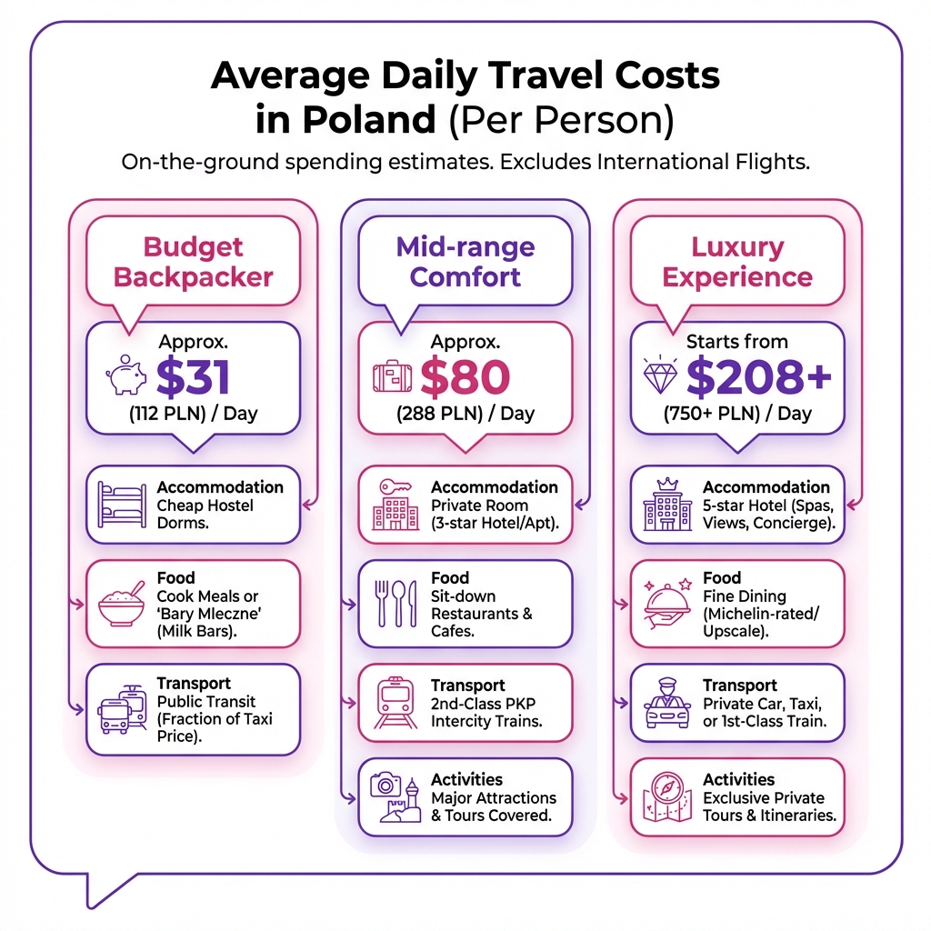 Infographic comparison table showing daily costs, accommodation, and transport for backpacker, mid-range, and luxury travel budgets in Poland