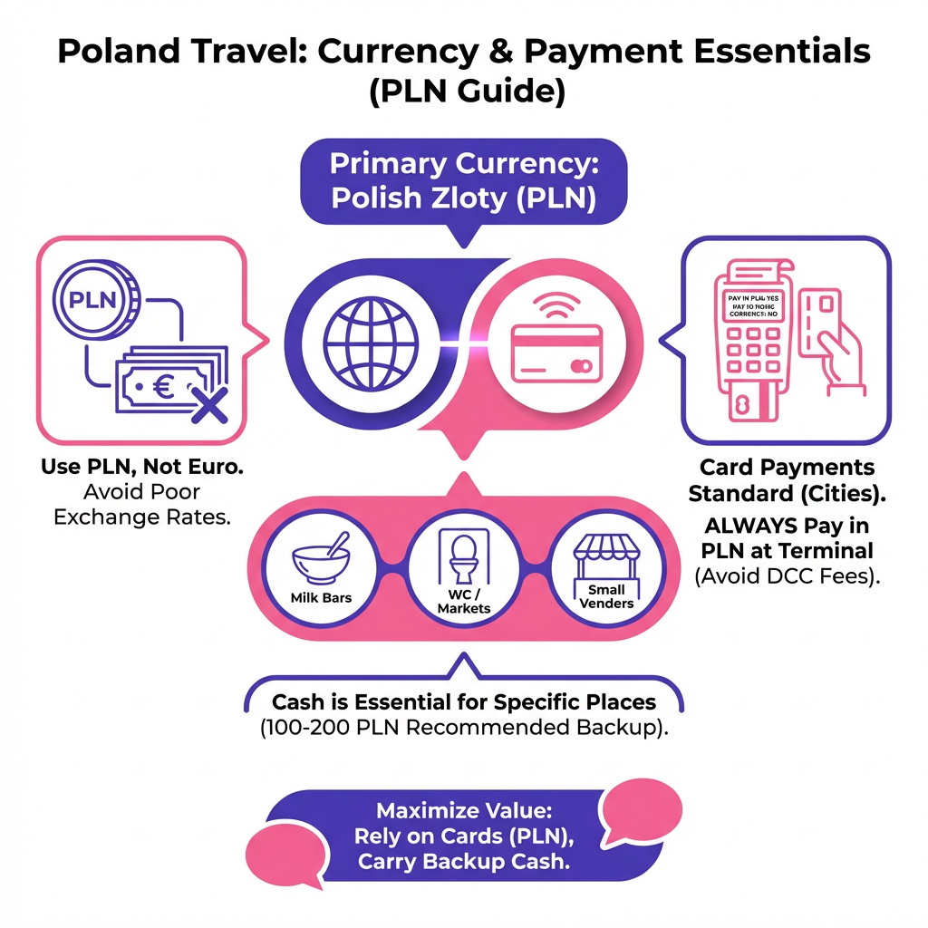 Infographic guide on managing money in Poland, including tips on cash versus card usage and avoiding currency conversion fees
