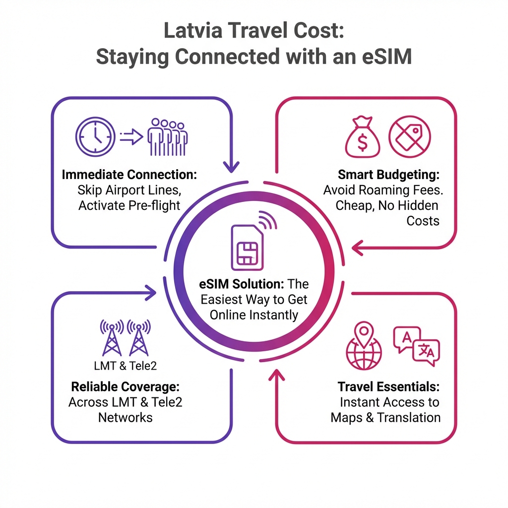 Infographic explaining the benefits of using an eSIM for internet connectivity and avoiding roaming fees while traveling in Latvia.