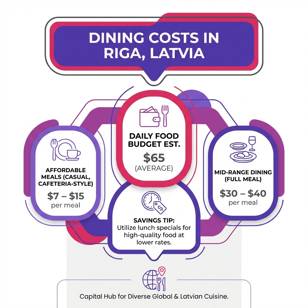 Infographic comparing the costs of affordable, mid-range, and high-end dining options for travelers in Riga, Latvia.
