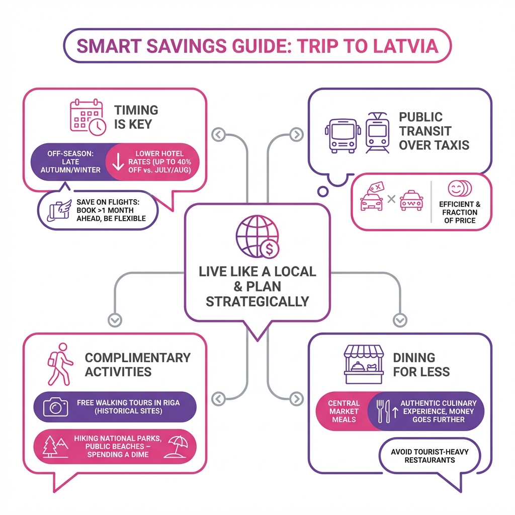 Infographic listing actionable tips and strategies for saving money while traveling in Latvia, including transit and dining advice.