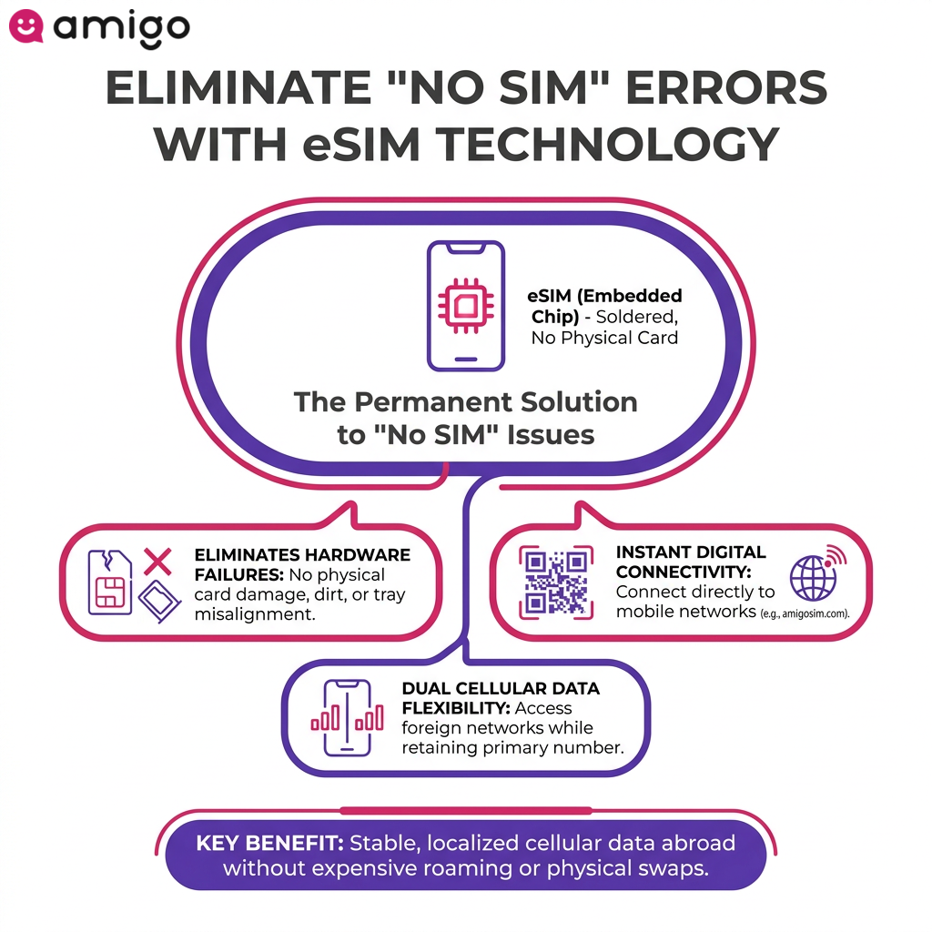 Infographic guide explaining how switching to an eSIM prevents physical SIM errors and simplifies international travel connectivity.