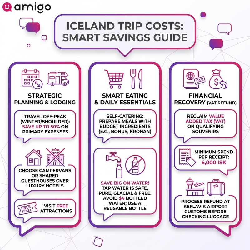 Infographic checklist showing practical ways to save money in Iceland, including drinking tap water, VAT refunds, and grocery shopping.
