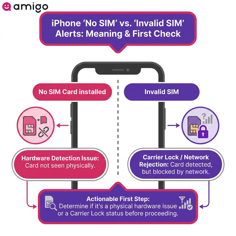 Infographic comparison chart showing the differences between No SIM and Invalid SIM error alerts on an iPhone.