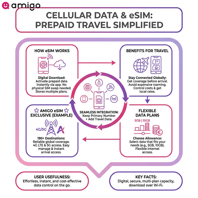 Infographic explaining how travel eSIMs and Amigo eSIM provide prepaid mobile data and network coverage globally to avoid roaming fees.
