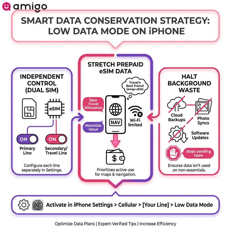 Infographic explaining how to configure and use Low Data Mode with a travel eSIM on an iPhone to save data and avoid roaming fees.