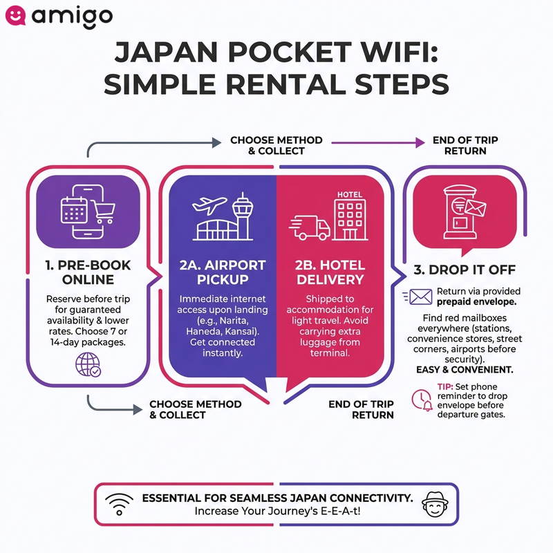 Step-by-step infographic guide explaining how to rent, collect, and return a pocket WiFi device in Japan.