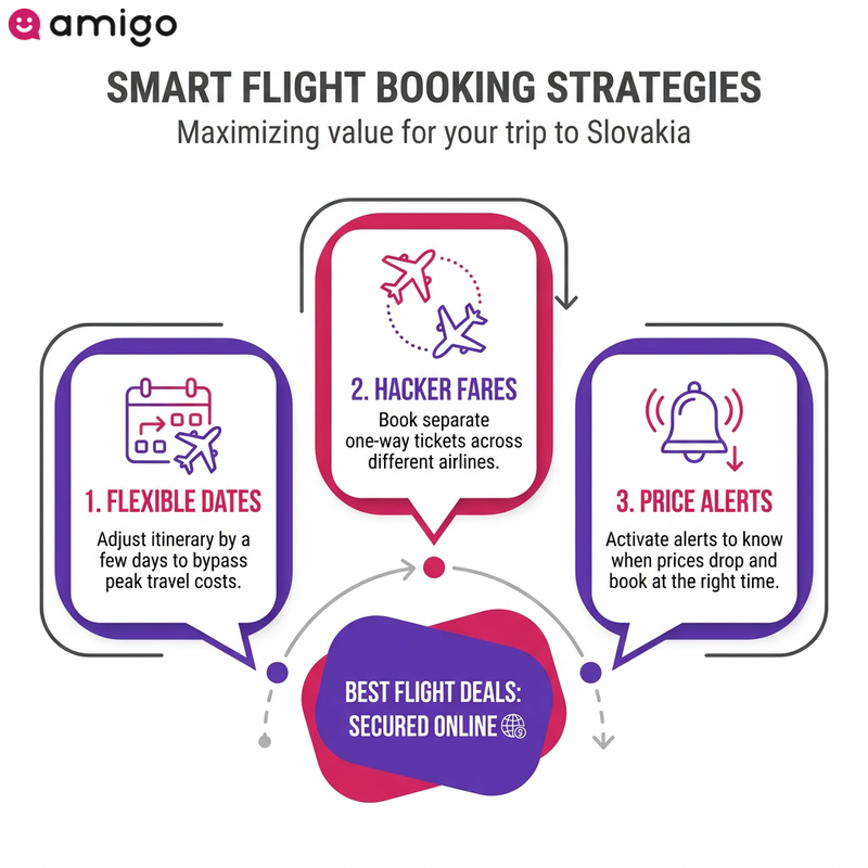 Infographic checklist outlining three actionable strategies to find cheap flights to Slovakia, including flexible dates, hacker fares, and price alerts.