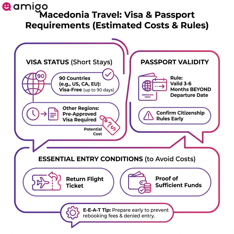 Infographic checklist detailing visa requirements, passport validity rules, and entry conditions for travelers visiting North Macedonia.