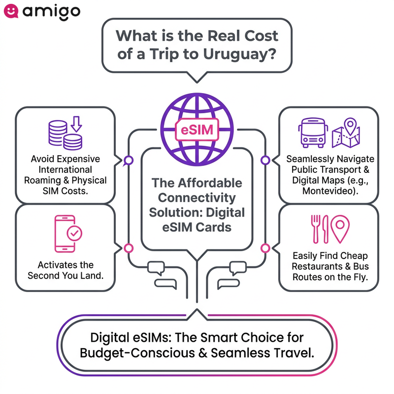Infographic showing the benefits of using a digital eSIM card for internet data and navigation while traveling in Uruguay.