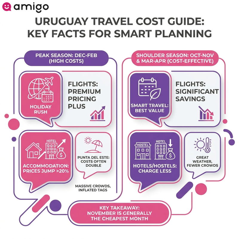 Infographic comparison table showing travel costs and accommodation price differences between peak summer season and shoulder season in Uruguay.