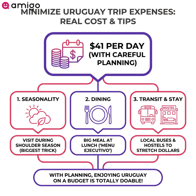 An infographic checklist outlining key actionable tips to travel Uruguay on a budget, focusing on seasonality, dining, and transit.