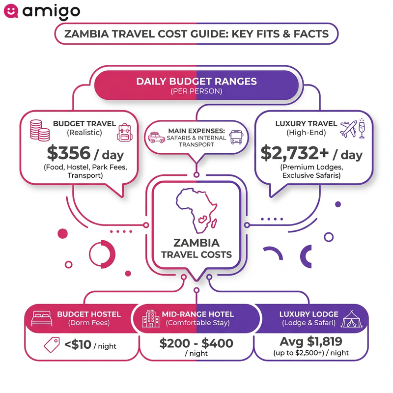 Infographic comparison table showing budget, mid-range, and luxury travel costs and accommodation prices per night in Zambia.