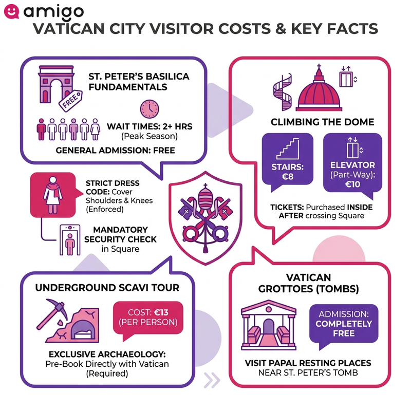 Infographic guide for visiting St. Peter's Basilica outlining free admission, dress code rules, dome climb prices, and Scavi tour booking tips.