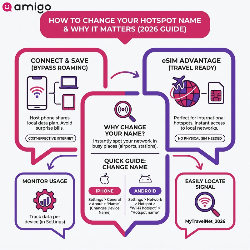 Infographic explaining how to use an eSIM to share travel data and set up a mobile hotspot abroad while avoiding roaming fees.
