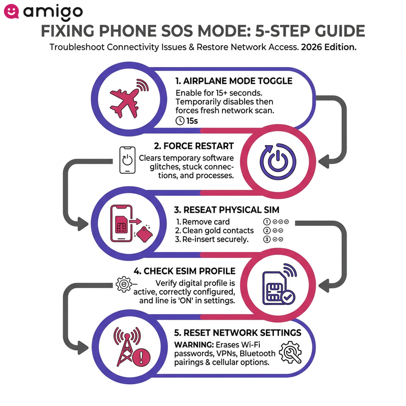 Infographic step-by-step troubleshooting guide showing how to get an iPhone or Android phone out of SOS mode.