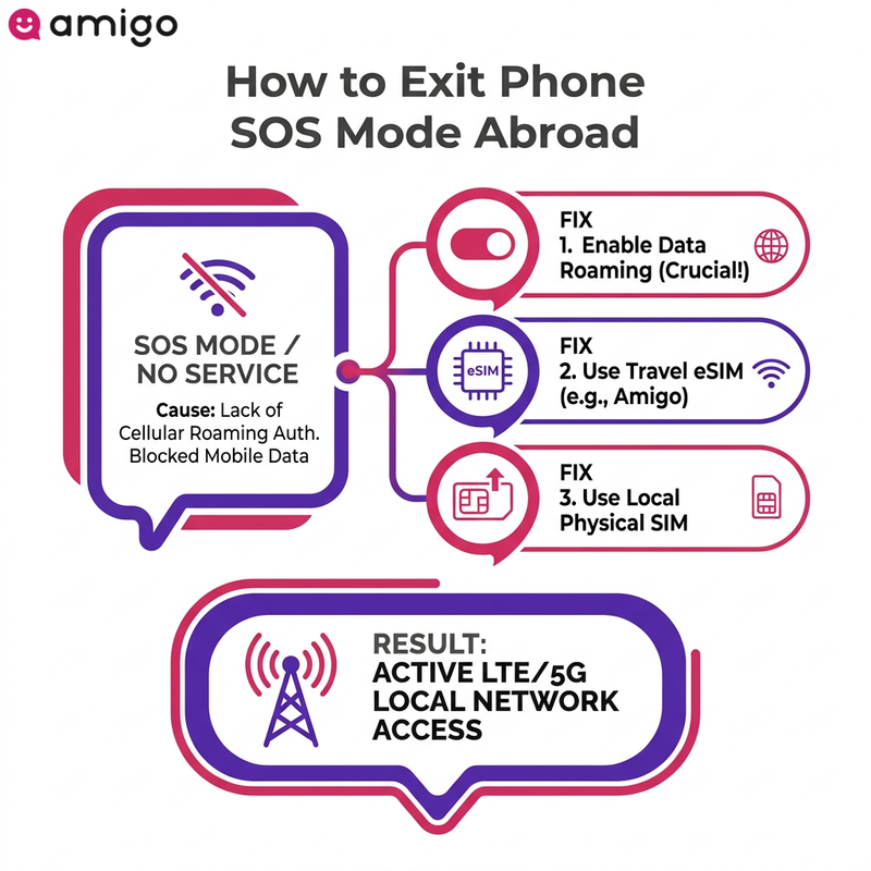 Infographic explaining how travel eSIMs and enabling data roaming prevent mobile phones from going into SOS mode during international travel.