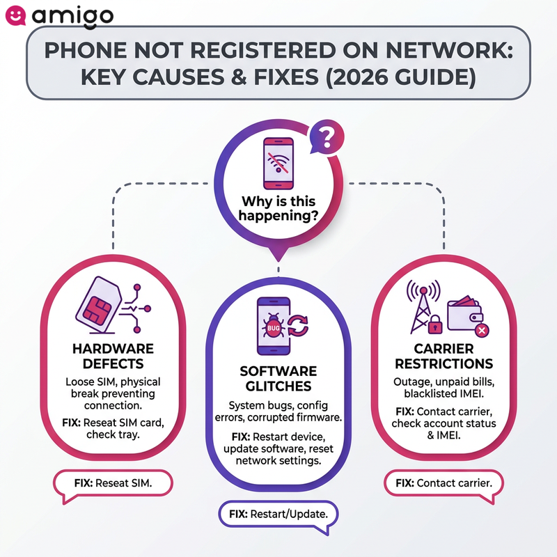 Infographic comparison chart showing hardware defects, software glitches, and carrier restrictions causing network registration errors.