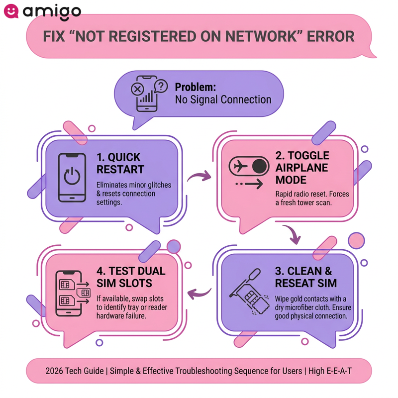 Step-by-step troubleshooting checklist to fix a phone not registered on network error, including airplane mode and SIM card cleaning.