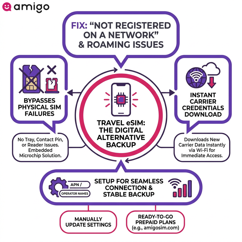 Infographic explaining how a travel eSIM works as a digital backup connection when physical SIM cards fail to register on a network.