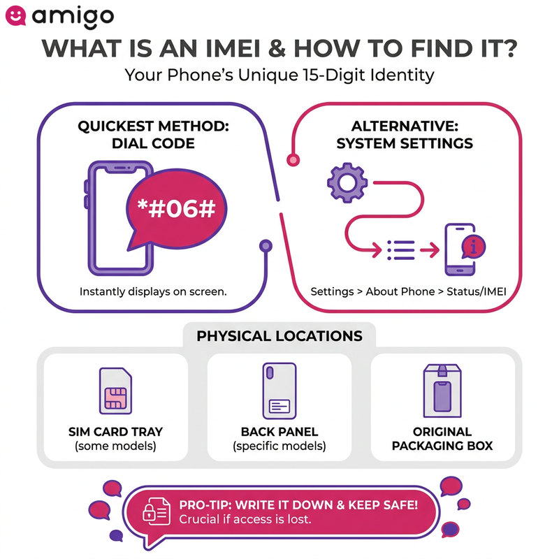 Step-by-step checklist infographic showing how to find a phone's IMEI number using dial codes, settings, and physical parts of the device.