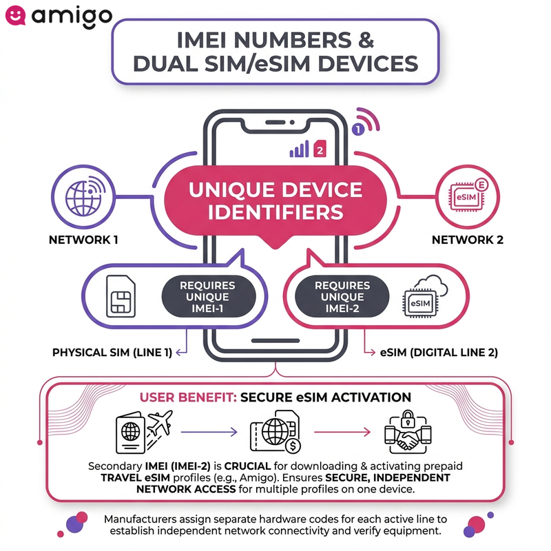 Infographic showing how dual SIM and eSIM devices use separate IMEI numbers to activate travel eSIM data plans like Amigo.