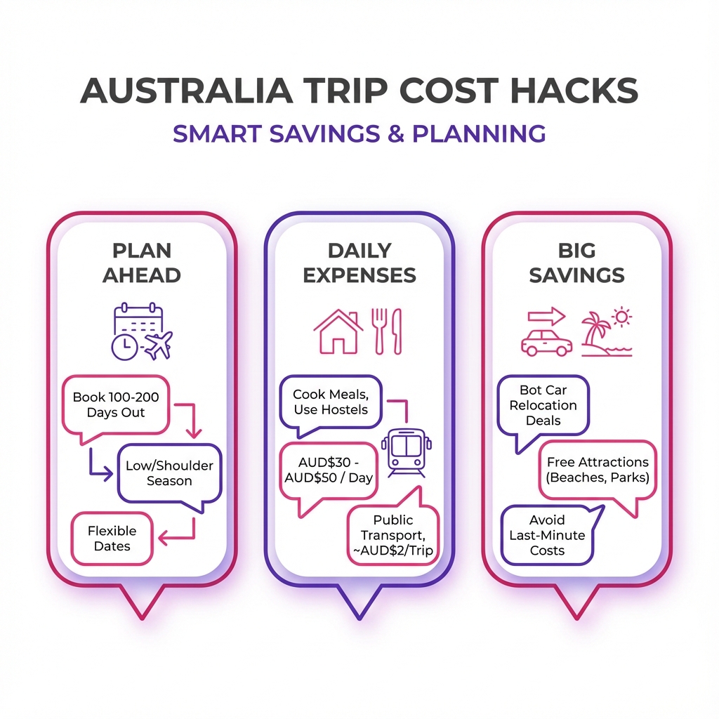 Checklist for actionable saving tips for visiting Australia including booking windows and transport hacks.