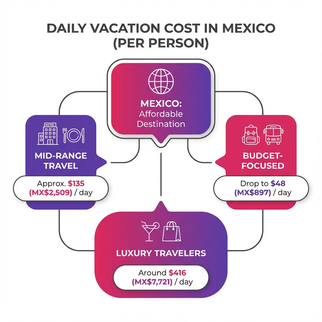 comparison chart showing average daily vacation costs in Mexico for budget, mid-range, and luxury travelers.