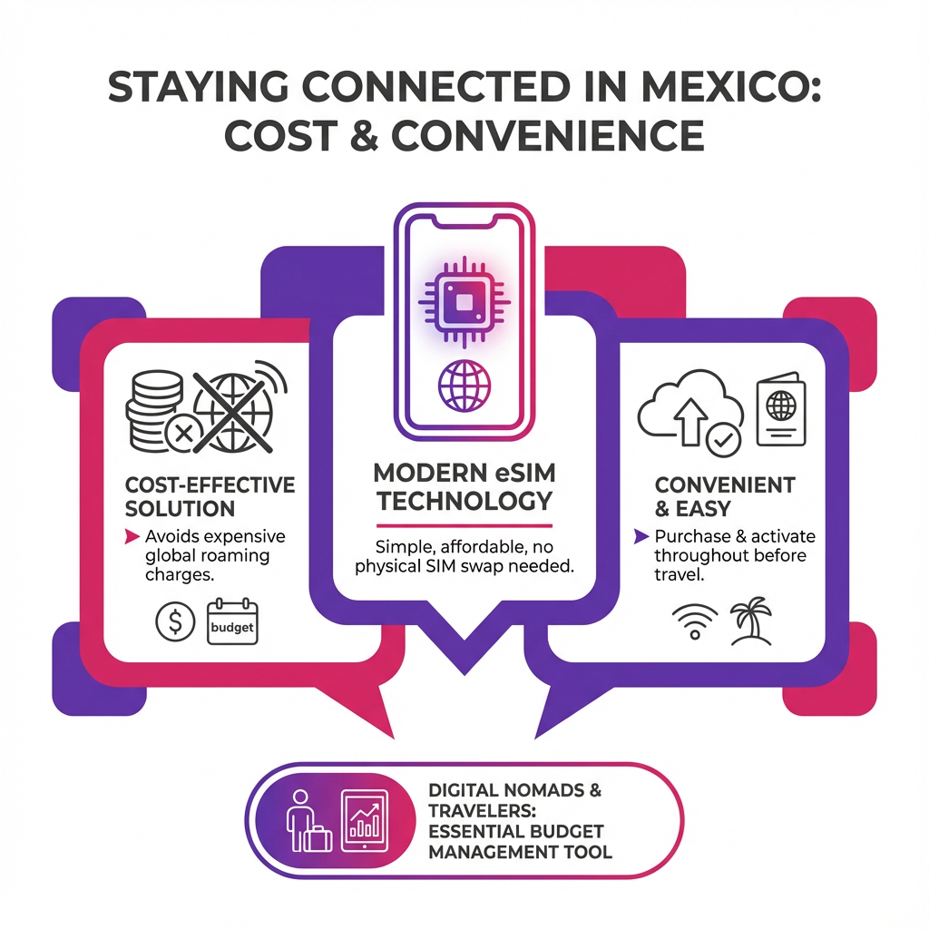 Infographic explaining the benefits of using an eSIM for internet connectivity in Mexico compared to physical SIMs and roaming.