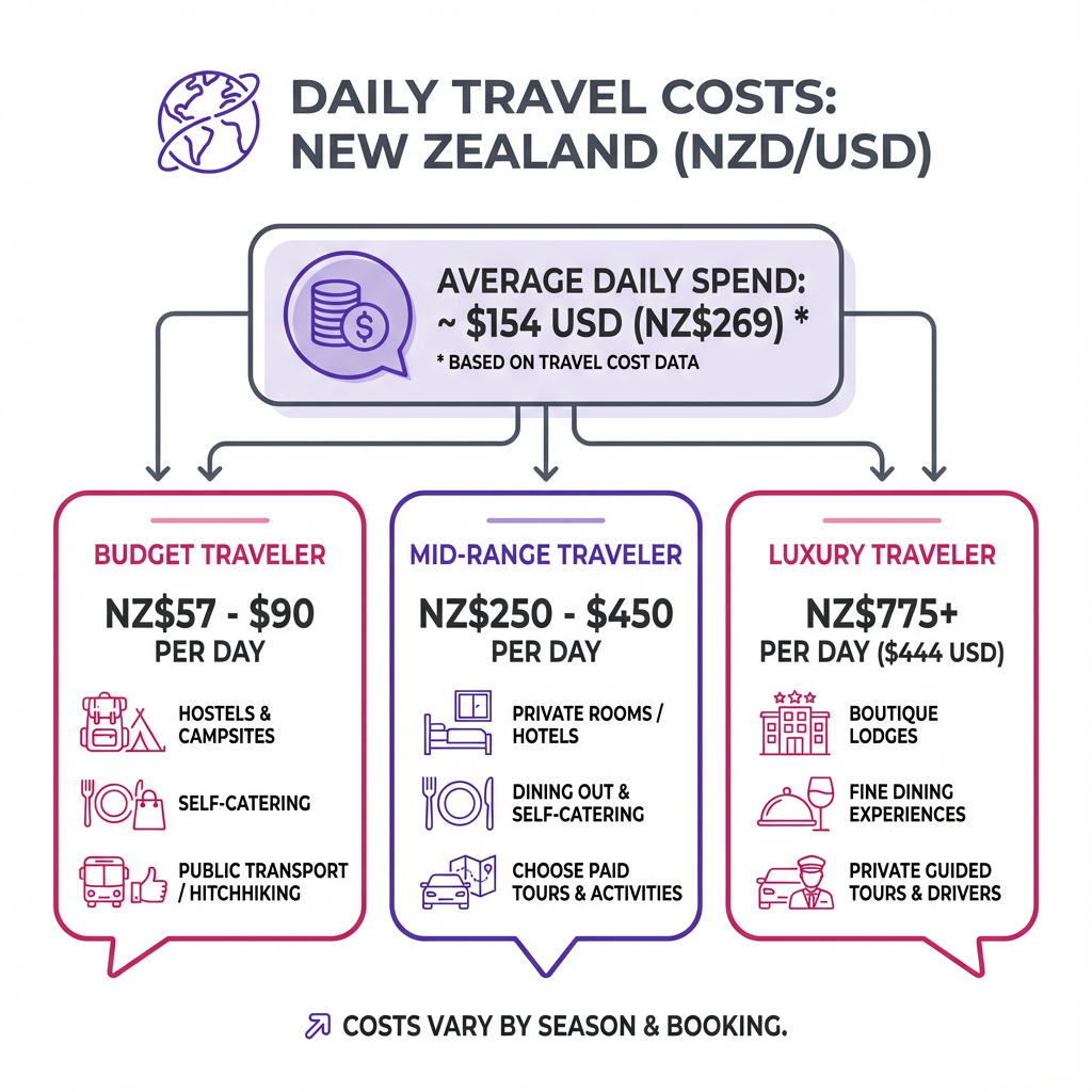 Comparison chart showing daily cost estimates and expectations for budget, mid-range and luxury travelers in New Zealand.