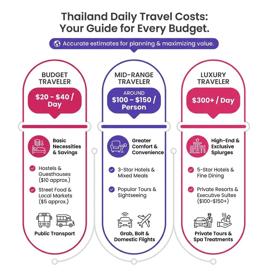 Comparison chart showing daily cost breakdowns and amenities for budget, mid-range, and luxury travellers in Thailand